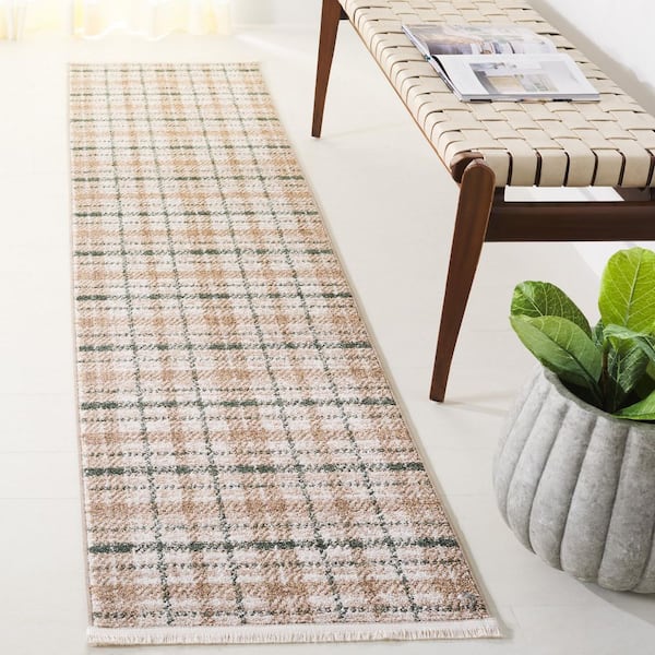 Oxford Plaids 2 ft. x 8 ft. Beige/Green Geometric Plaid Runner Rug