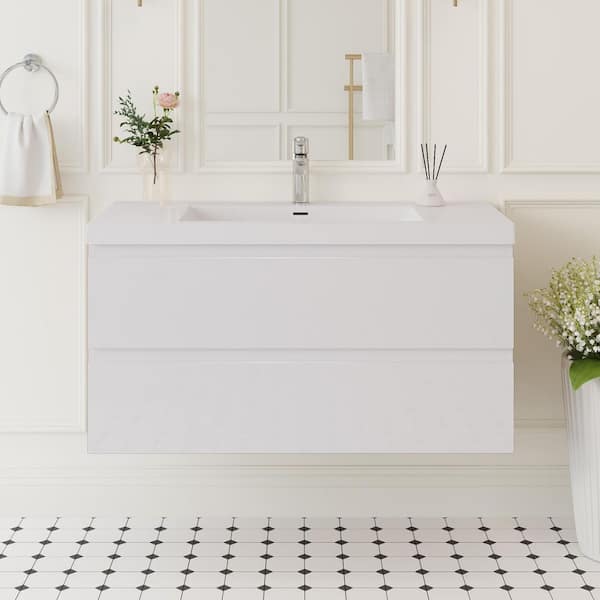 42 in. W x 19-3/4 in. D x 22-1/5 in. H Bathroom Wall Hung Vanity in White with Single Basin Vanity Top in White Resin