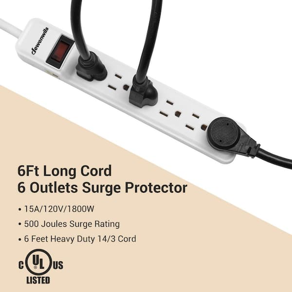 6 ft. 6-Outlet Power Strip Surge Protector, 500 J in White(2-Pack)