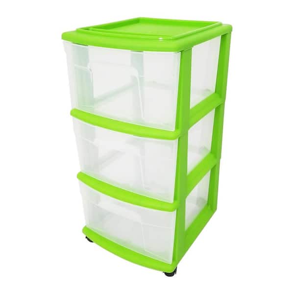 3 Drawer Plastic Medium Storage Container Tower, Clear Drawers/Lime Frame