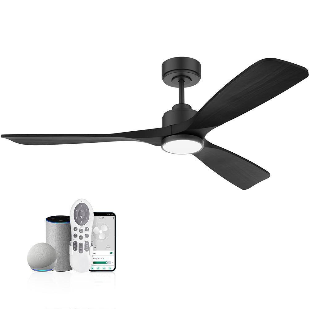 52 in. Wood Smart Outdoor/Indoor Black Ceiling Fans With Lights Remote, Voi