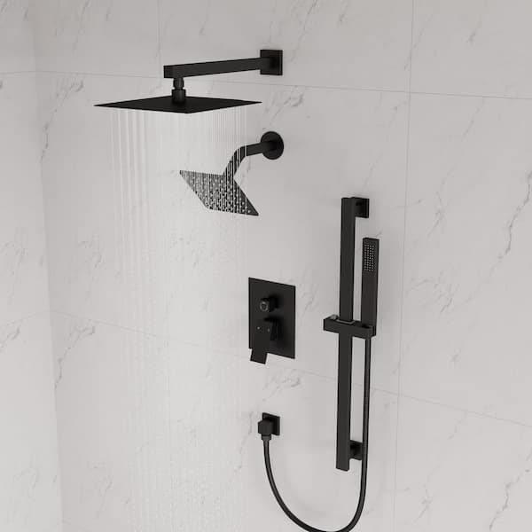 5-Spray Square 12 in. Rain Wall Mount Shower System with 6 in. Shower Head Handheld shower in Matte Black 2.5 GPM