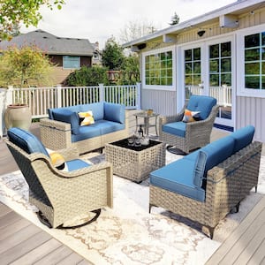 Supery Gray 8-Piece Wicker Patio Conversation Set with Diamond Blue Cushions and Swivel Rocking Chairs