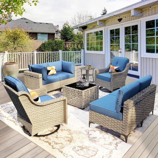 OVIOS Supery Gray 8-Piece Wicker Patio Conversation Set with Diamond Blue Cushions and Swivel Rocking Chairs