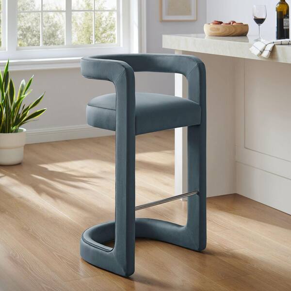 MODWAY Winslow Performance Velvet Bar Stool in Cadet Blue with Stainless Steel Footrest-Bar-Height Stool with Armrests