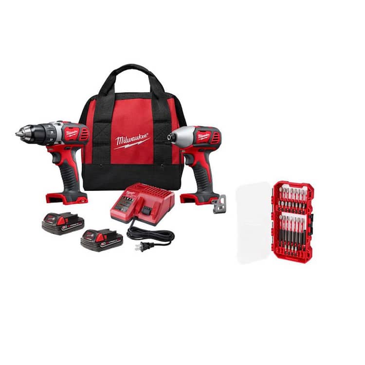 Milwaukee M18 18V Lith-Ion Cordless Drill Driver/Impact Driver Combo Kit, 2 1. 5Ah Batteries, Charger &amp; SHOCKWAVE Set (28 PC)