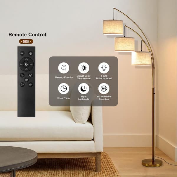 80 in. Gold 3-Light Dimmable 3-Color Temperature, Arc Floor Lamp with Remote Control, Modern Tall Standing Lamp