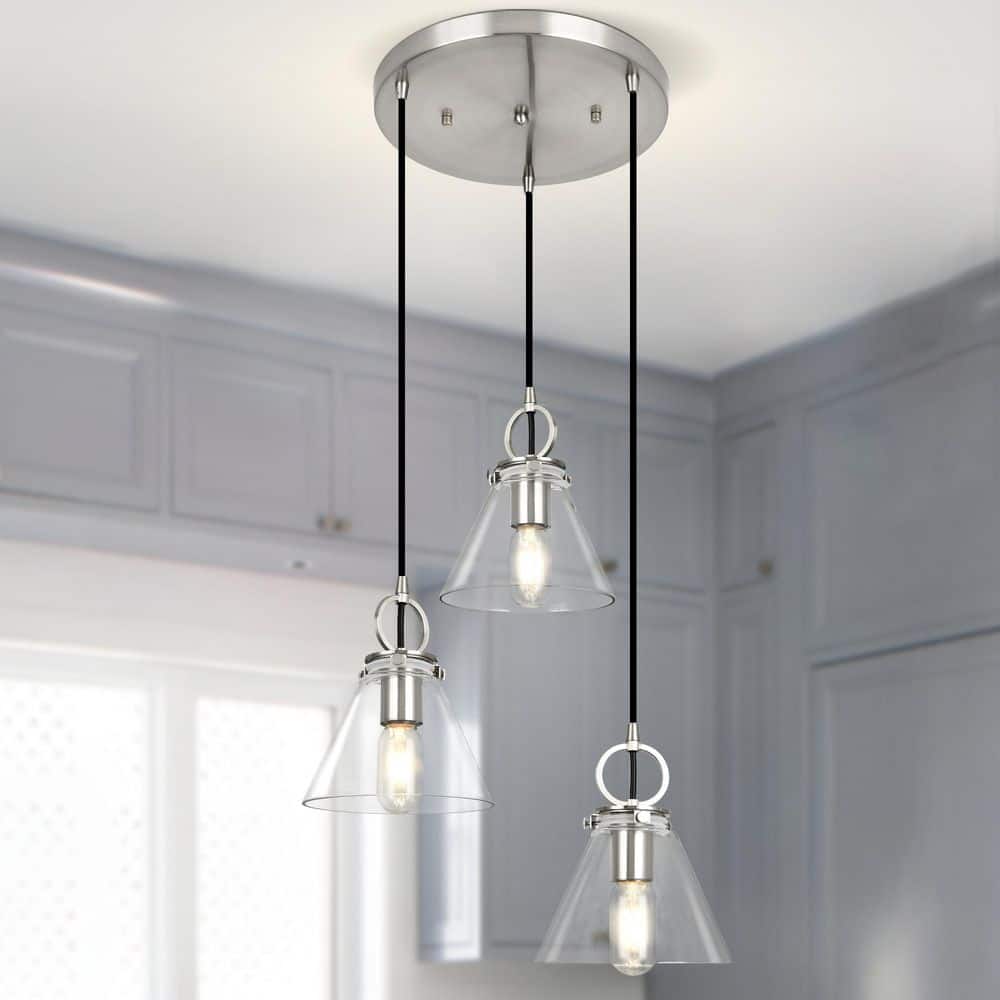 Jasslynn 40-Watt 3-Light Brushed Nickel Industrial Pendant Light with Cone Clear Glass Shade for Kitchen Island Foyer price history on PriceWatchPro