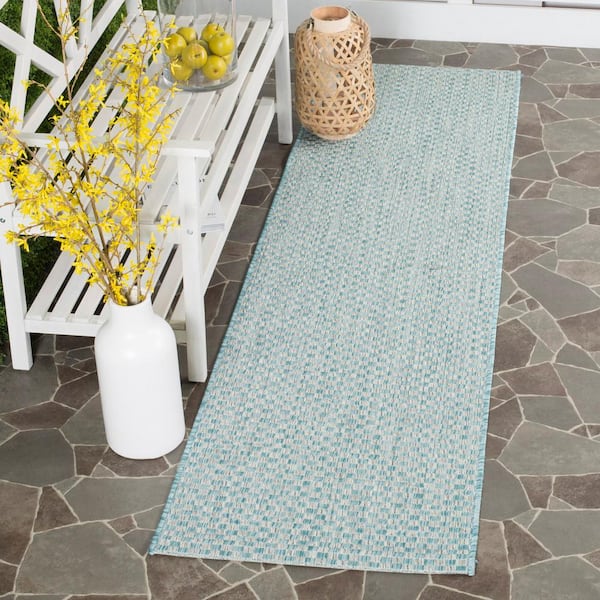 Courtyard Light Blue/Light Gray 2 ft. x 14 ft. Solid Indoor/Outdoor Patio  Runner Rug