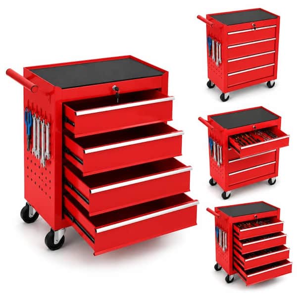 24"×13"×29" Red Cold Rolled Steel Heavy-Duty Lockable Rolling Tool Cart with 4 Drawers, Casters & Drawer Liners