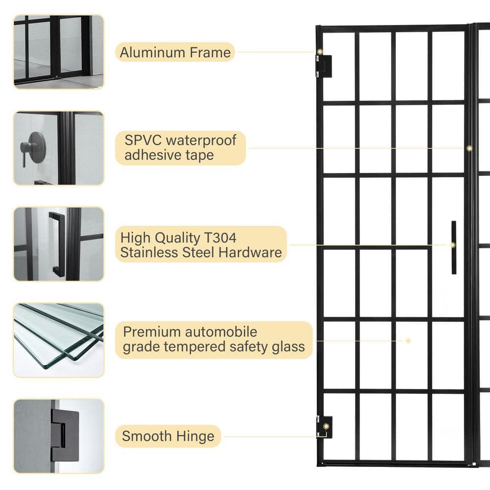 34" Matte Black Semi-Frameless Pivot Shower Door with Patterned Glass