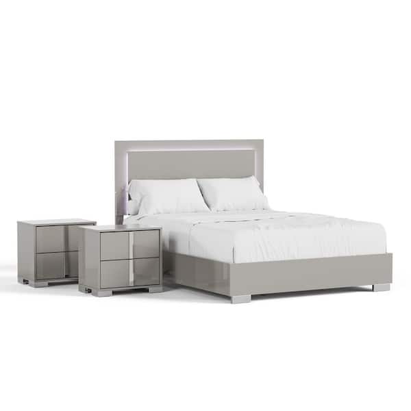 Mesala 3-Piece Taupe Gray Wood Frame Queen Panel Bedroom Set with LED Light on Headboard, Chrome Accents and Legs