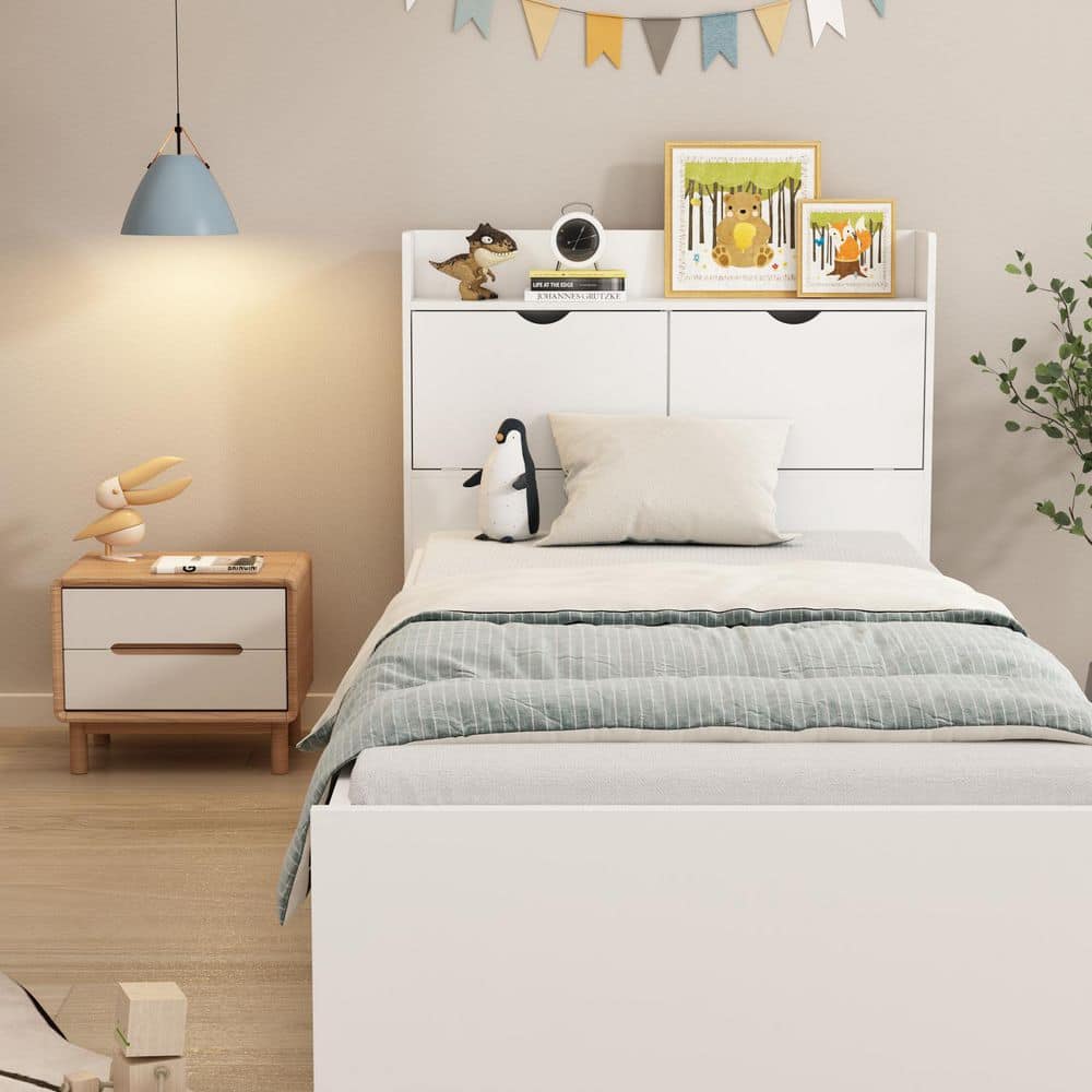 White Wood Frame Twin Bed Platform Bed Storage Bed with 3-Wheels Drawers and Headboard - thumbnail 9
