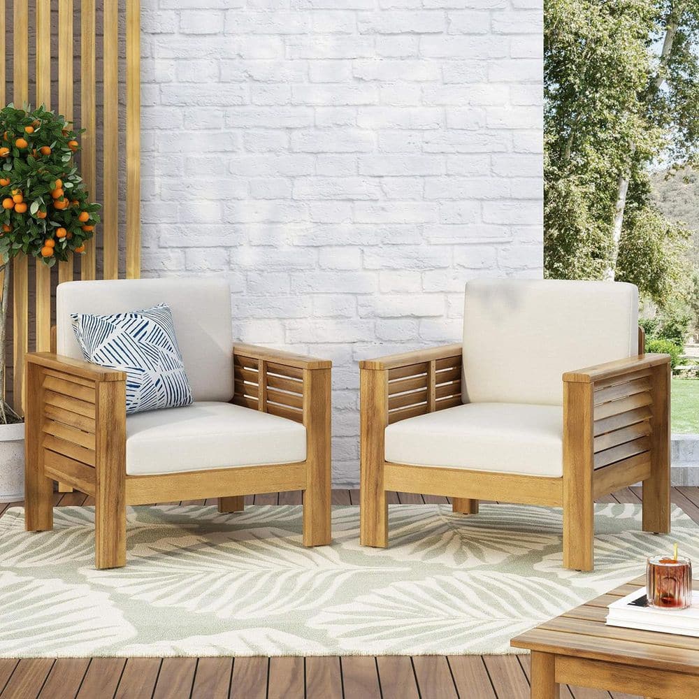2 Piece Outdoor Acacia Wood Lounge Chair with Beige Cushions, Patio Club Ch