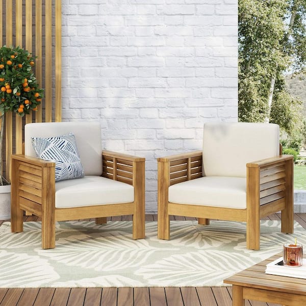 Unbranded 2 Piece Outdoor Acacia Wood Lounge Chair with Beige Cushions, Patio Club Chairs for Patio, Deck, Yard and Garden