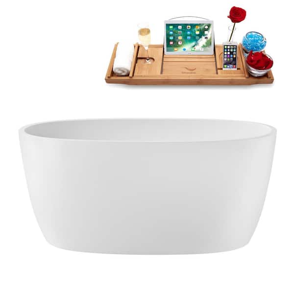 Streamline 51 in. x 28 in. Acrylic Freestanding Soaking Bathtub in Glossy White with Matte Oil Rubbed Bronze Drain, Bamboo Tray