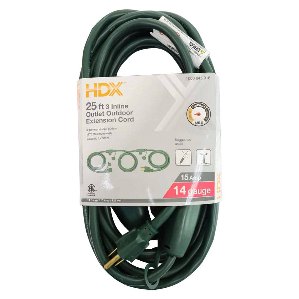 HDX 25 Ft 14 3 SJTW 3 Inline Outlet Indoor Outdoor Extension Cord   Green Hdx General Purpose Cords 20t 00664 64 1000 