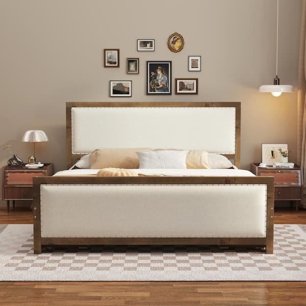 Harper & Bright Designs Beige Wood Frame Queen Linen Upholstered Platform Bed with 4-Storage Drawers, Center Support Legs, Nailhead Decoration