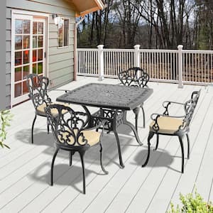 Lily Black 5-Piece Cast Aluminum Outdoor Dining Set with Square Table and Dining Chairs with Random Color Cushion