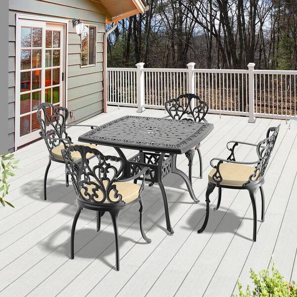 Willit Lily Black 5-Piece Cast Aluminum Outdoor Dining Set with Square Table and Dining Chairs with Random Color Cushion
