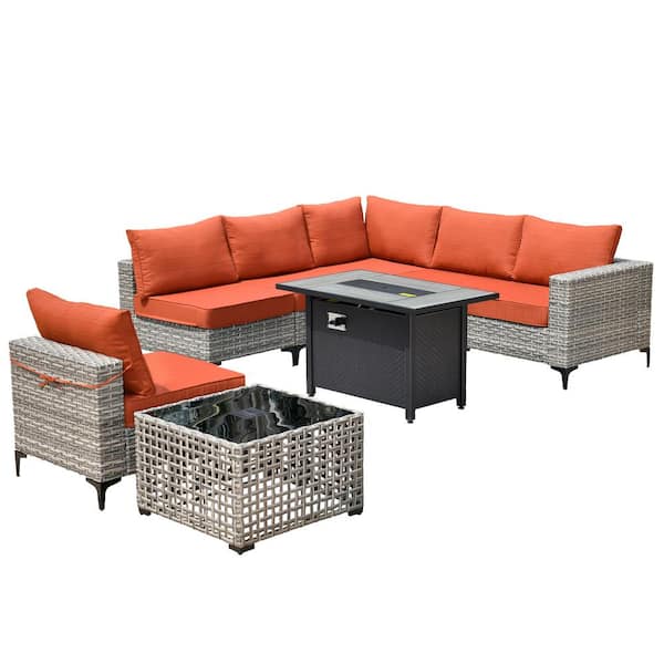 Holston 8-Piece Wicker Modern Outdoor Patio Conversation Sofa Sectional Set with a Fire Pit and Orange Red Cushions