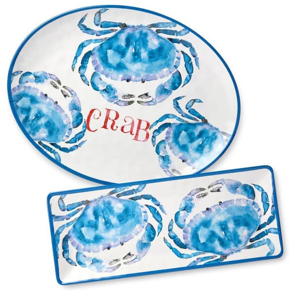 13.5 in. Multi-Colored Beach House Crab Melamine 2-Piece Platter Set