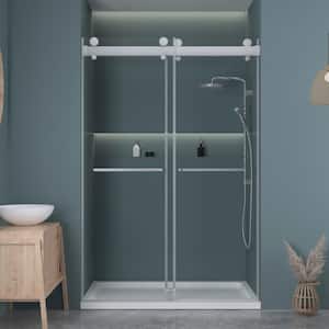 60 in. W x 79 in. H Double Sliding Frameless Glass Shower Door with Soft-Closing System in Brushed Silver with 5/16 in