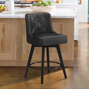 Roman 26.5 in. Black Faux Leather Solid Wood Leg Counter Height Swivel Bar Stool With Back（Set of 1）