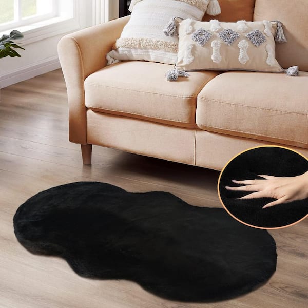 Mmlior Black 2 ft. x 4 ft. Soft Faux Rabbit Fur Specialty Area Rug