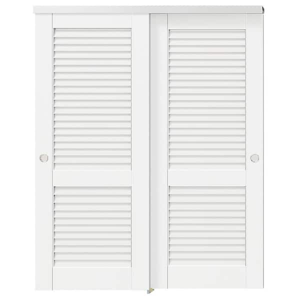64 in. x 80 in. Louvered Panel Solid Core White Primed, MDF Bypass Sliding Door with Aluminum Hardware, DIY Staining