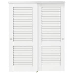 64 in. x 80 in. White, Solid Core, MDF and DIY Painted Double Louvered Panel Bypass Sliding Door with Aluminum Hardware