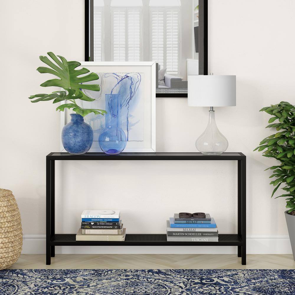 Rigan 55" Blackened Bronze Metal Console Table with Glass Shelves