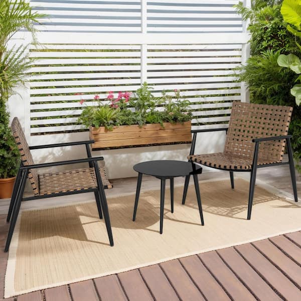 Cassius 3-Piece Outdoor PE Rattan Woven and Metal Patio Conversation Set with Tempered Glass Side Table, Black + Brown