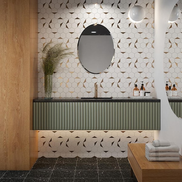 Bees Knees White 13 in. x 11.125 in. Hexagon Honed Marble and Metal Mosaic Wall and Floor Tile (10.04 sq. ft./Case)