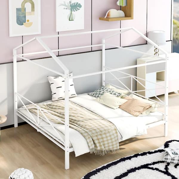 ANBAZAR White 61 in. W Queen Size Metal Canopy Bed with House Shape Roof, Solid Canopy House Platform Bed with Support Slats