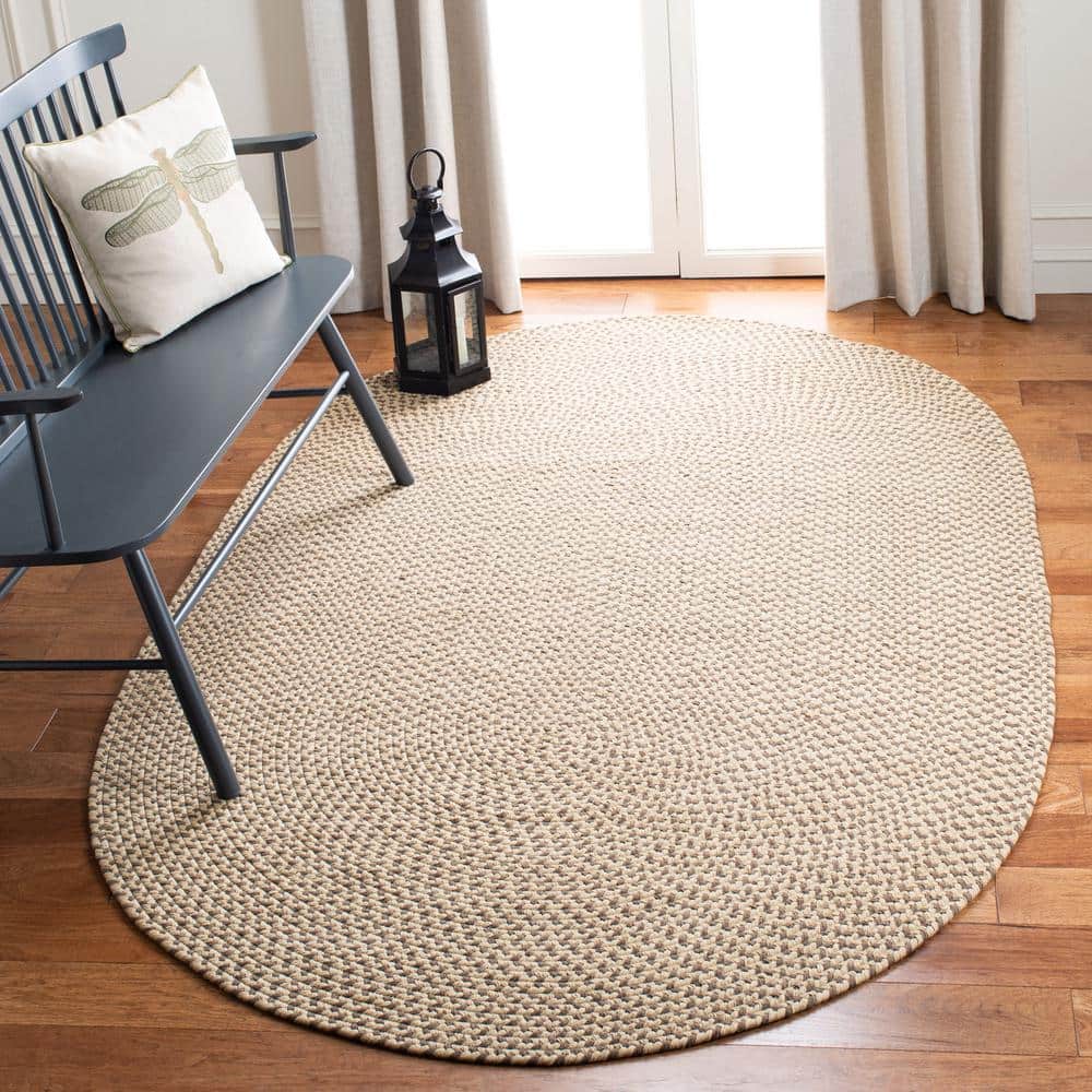 Handmade Beige and Brown Oval Braided Cotton Rug 4' x 6'