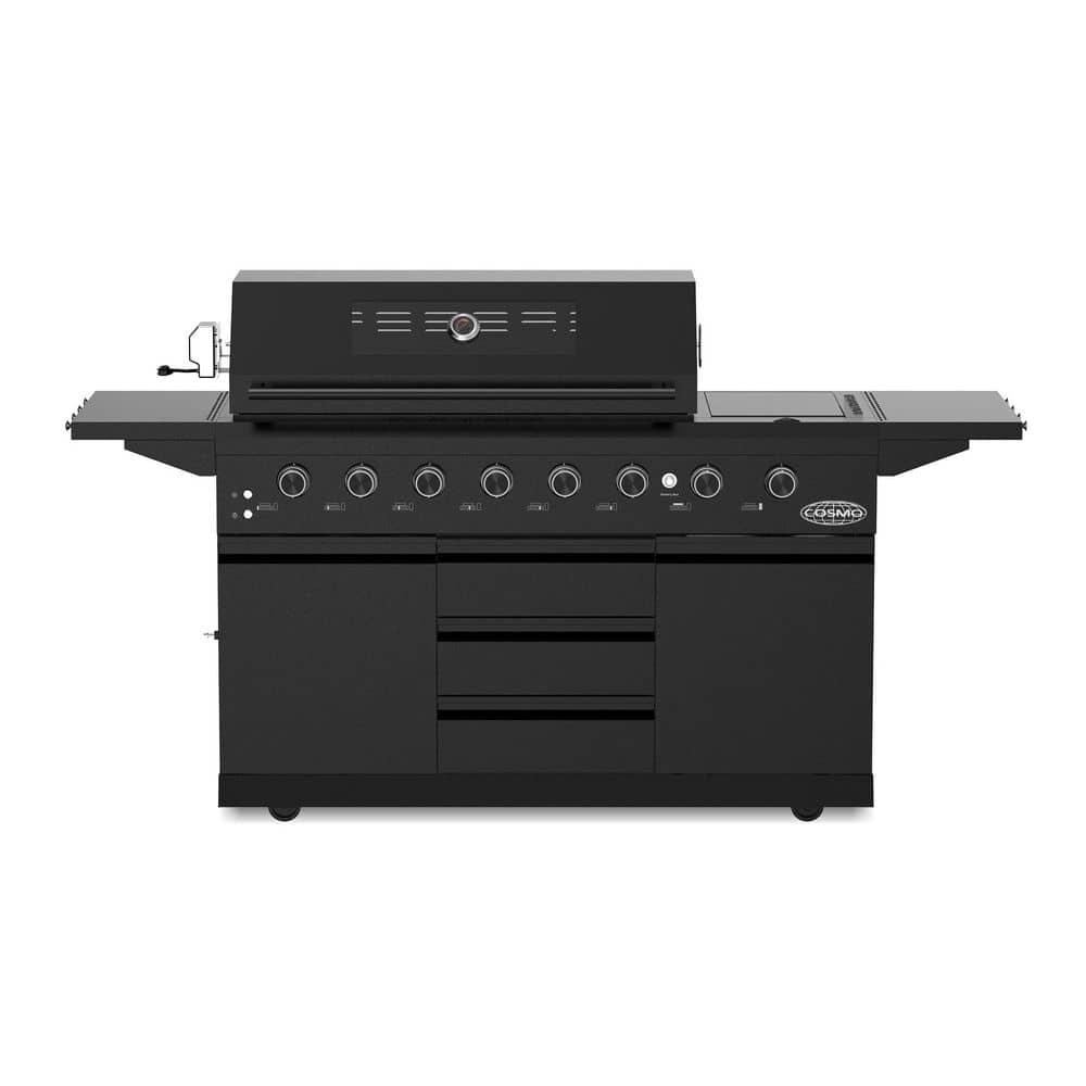58 in. Newport Collection 8-Burner Propane Gas Grill, Side Griddle, Infrared Rotisserie, Knob LEDs, Matte Black