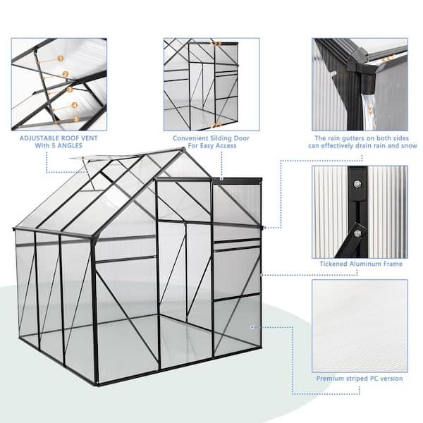 Unbranded - 6 ft. x 6 ft. Outdoor Polycarbonate Heavy Duty Walk-In Greenhouse w/ Elevated Base and Anchored Aluminum for All Seasons