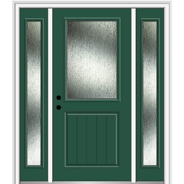 MMI Door 60 in. x 80 in. Right-Hand Inswing Rain Glass Hunter Green Fiberglass Prehung Front Door on 4-9/16 in. Frame