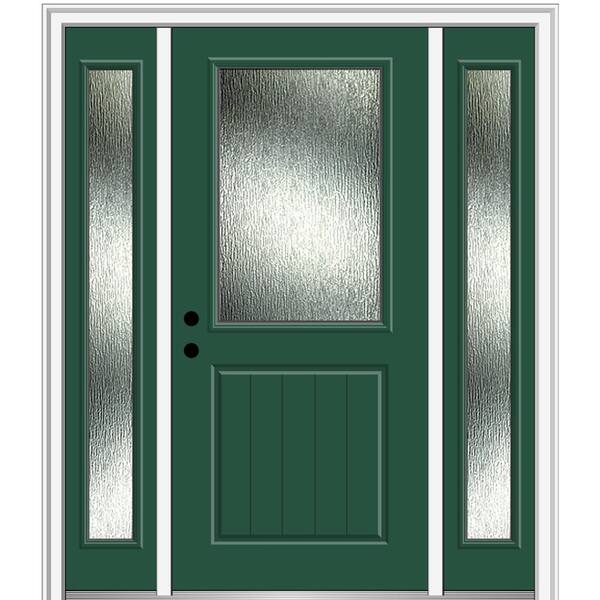 MMI Door 64 in. x 80 in. Right-Hand Inswing Rain Glass Hunter Green Fiberglass Prehung Front Door on 4-9/16 in. Frame