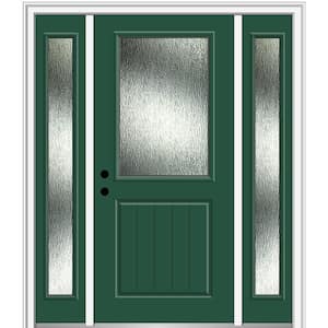 64 in. x 80 in. Right-Hand Inswing Rain Glass Hunter Green Fiberglass Prehung Front Door on 6-9/16 in. Frame