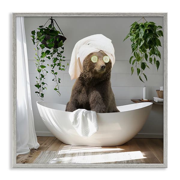 Stupell Industries Bear in Refreshing Spa Bath by CAD Designs Gray Framed Animal Giclee Art Print 17 in. x 17 in.