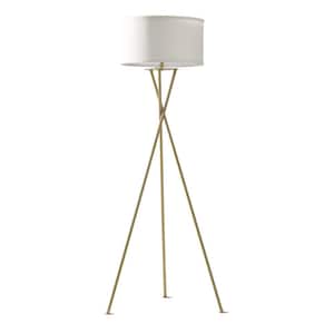 Jaxon 60 in. Antique Brass Mid-Century Modern 1-Light LED Energy Efficient Floor Lamp with White Fabric Drum Shade