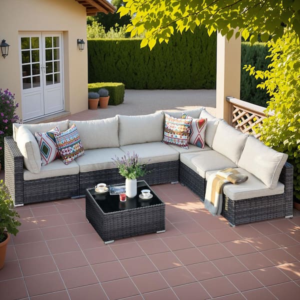 HOOOWOOO Helene Gray 7-Piece Wicker Outdoor Furniture Patio Conversation Sectional Sofa Set with Beige Cushions