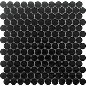 Black 12 in. x 12 in. Penny Round Polished Glass Mosaic Tile (5-Pack) (5 sq. ft./Case)