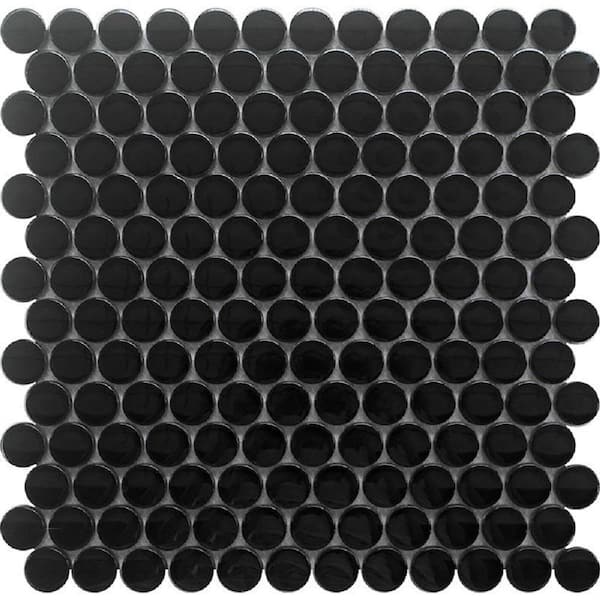 Apollo Tile Black 12 in. x 12 in. Penny Round Polished Glass Mosaic Tile (5-Pack) (5 sq. ft./Case)