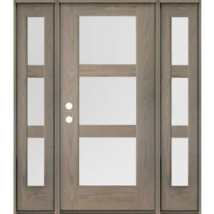 Modern 64 in. x 80 in. 3-Lite Right-Hand/Inswing Satin Glass Oiled Leather Stain Fiberglass Prehung Front Door with DSL