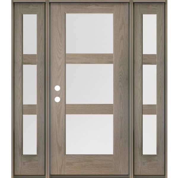 Krosswood Doors Modern 64 in. x 80 in. 3-Lite Right-Hand/Inswing Satin Glass Oiled Leather Stain Fiberglass Prehung Front Door with DSL