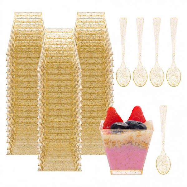 2 fl. oz. Gold Glitter Square Mini Plastic Dessert Cups with Spoons Clear and Gold (Set of 200)