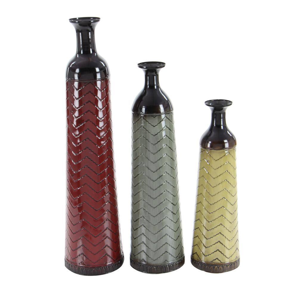 Tall Multi-Colored Metal Floor Vases with Chevron Pattern, Set of 3